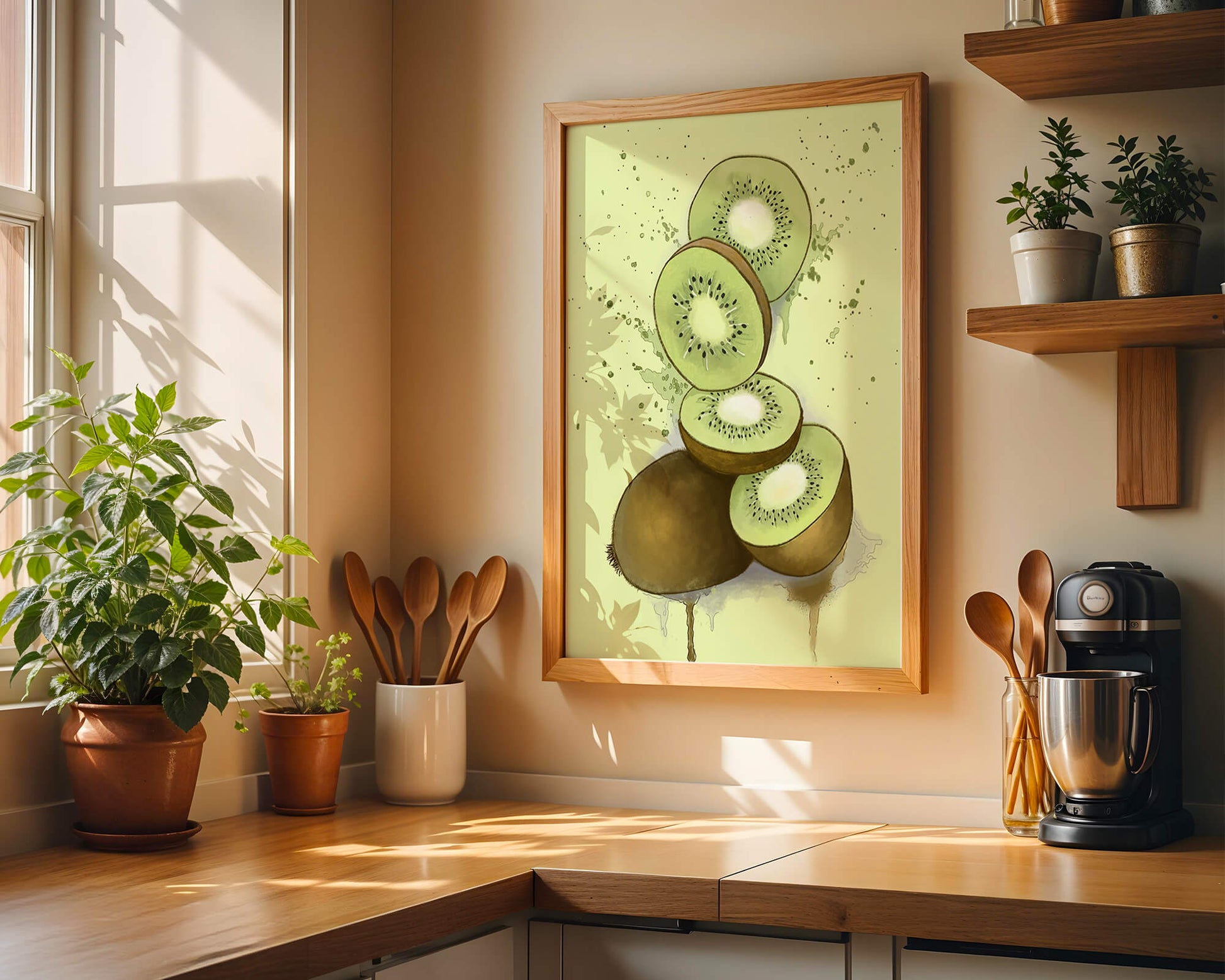 Watercolor illustration of sliced kiwi fruit with splashes