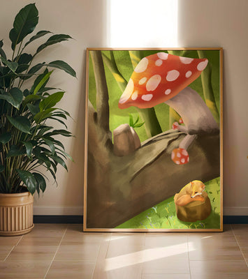 Charming forest scene with a fox resting under mushrooms