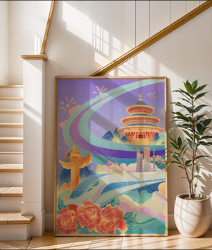 Colorful futuristic landscape with traditional Chinese architecture and high-speed train