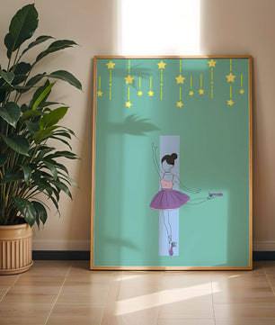 Elegant ballerina illustration with stars on a teal background