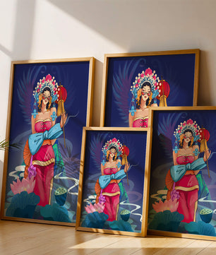 Colorful illustration of a woman in traditional attire with floral headdress