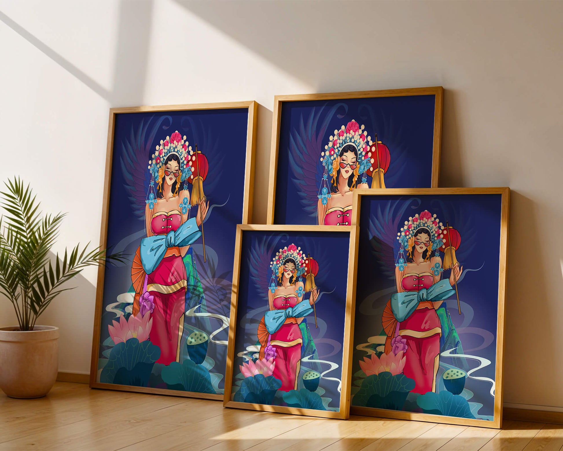 Colorful illustration of a woman in traditional attire with floral headdress
