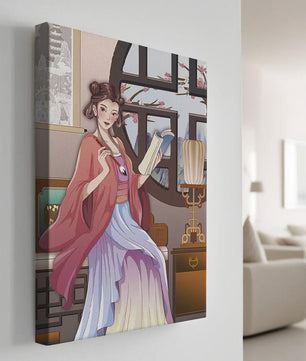 Illustrated scene of a woman in traditional attire reading by a window