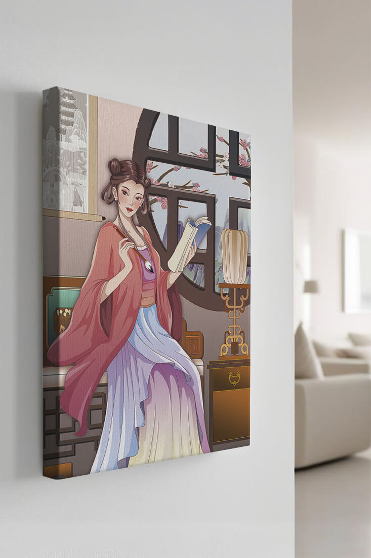 Illustrated scene of a woman in traditional attire reading by a window