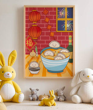 Festive Dumpling Illustration with Lanterns and Fireworks - Mi tienda
