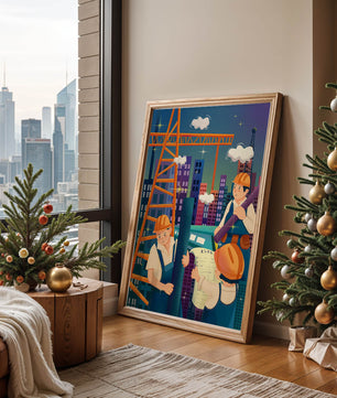 Illustrated construction workers on a high-rise building site