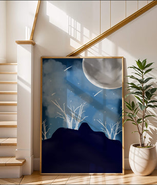 Paysage nocturne d'hiver avec arbres nus et pleine lune