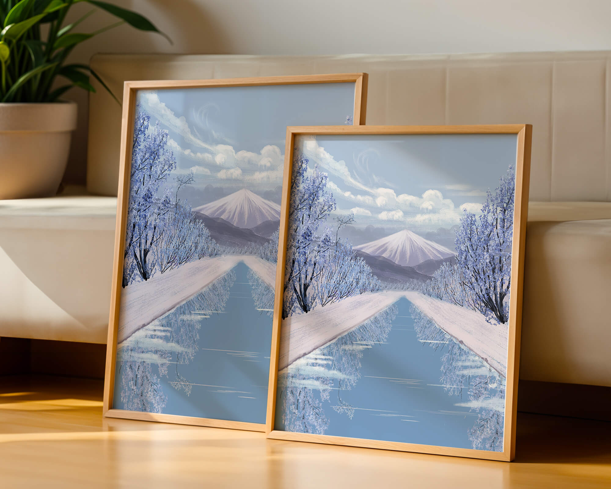 Serene winter landscape with mountain and snowy trees reflecting in water