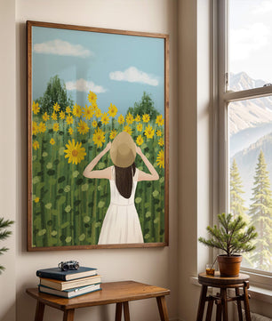 Mujer con vestido blanco admirando un campo de girasoles