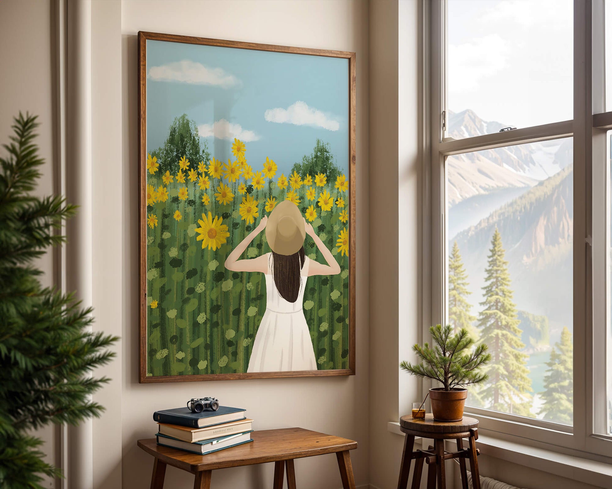 Mujer con vestido blanco admirando un campo de girasoles