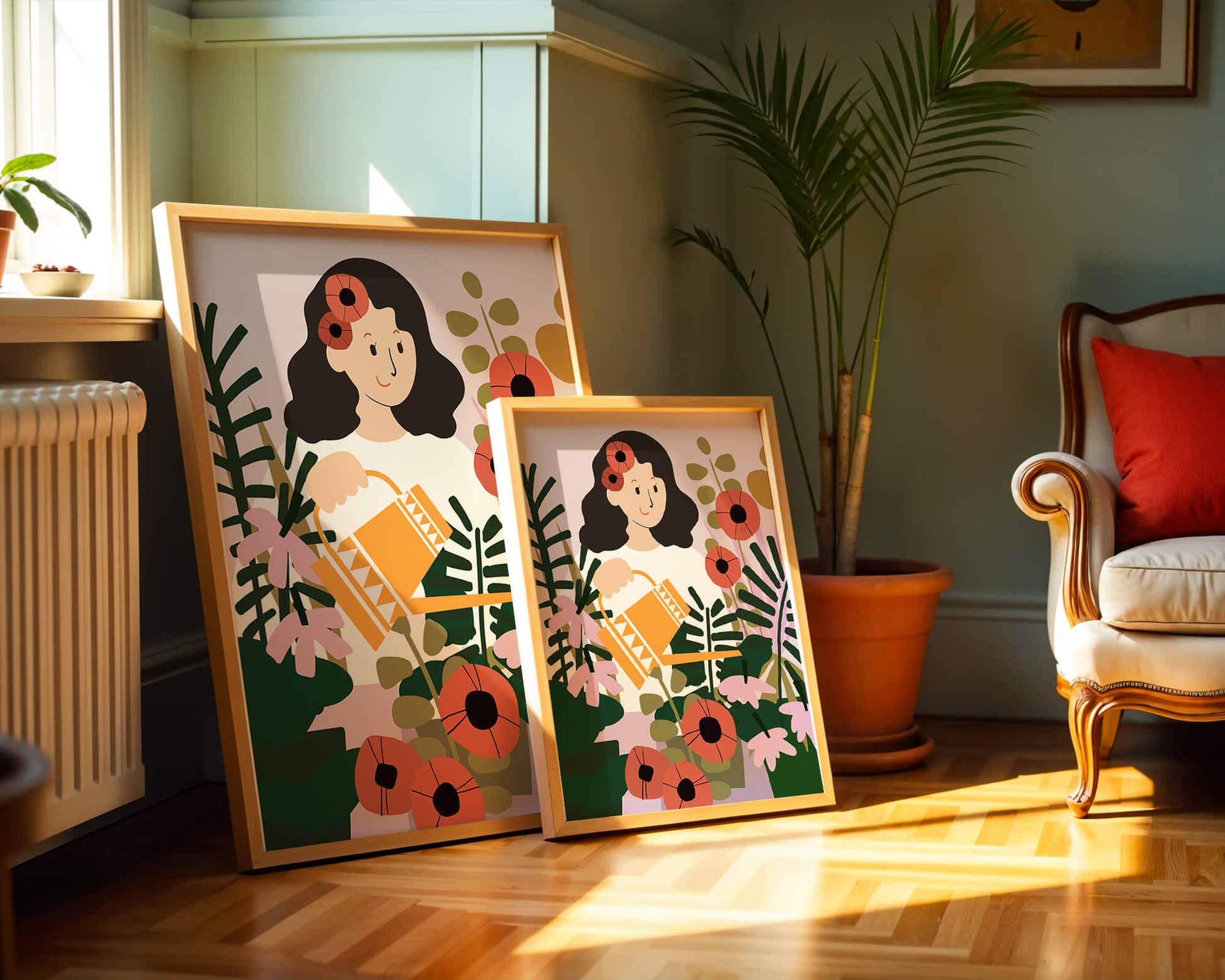 Woman watering plants surrounded by vibrant flowers and greenery