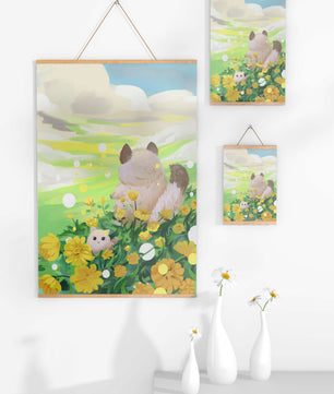 Whimsical Scene of Fluffy Cat and Kitten Among Yellow Flowers