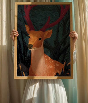 Ilustración majestuosa de un ciervo en un bosque místico