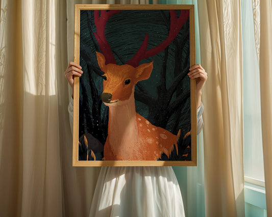 Majestic deer illustration in a mystical forest
