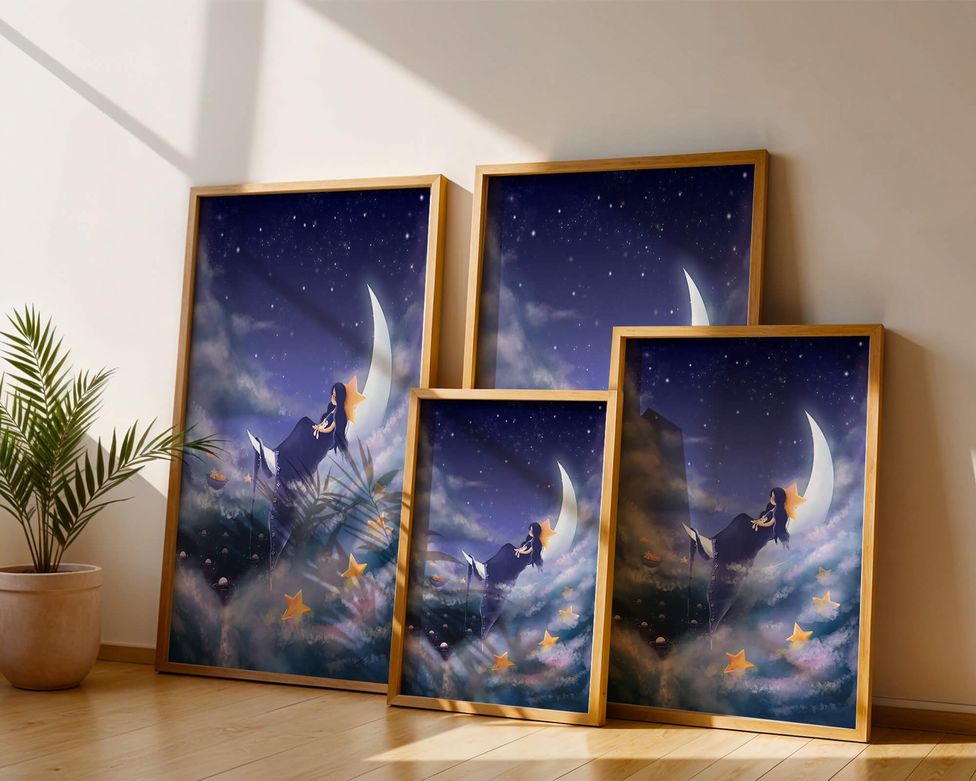 Dreamy night sky with girl sitting on crescent moon surrounded by stars