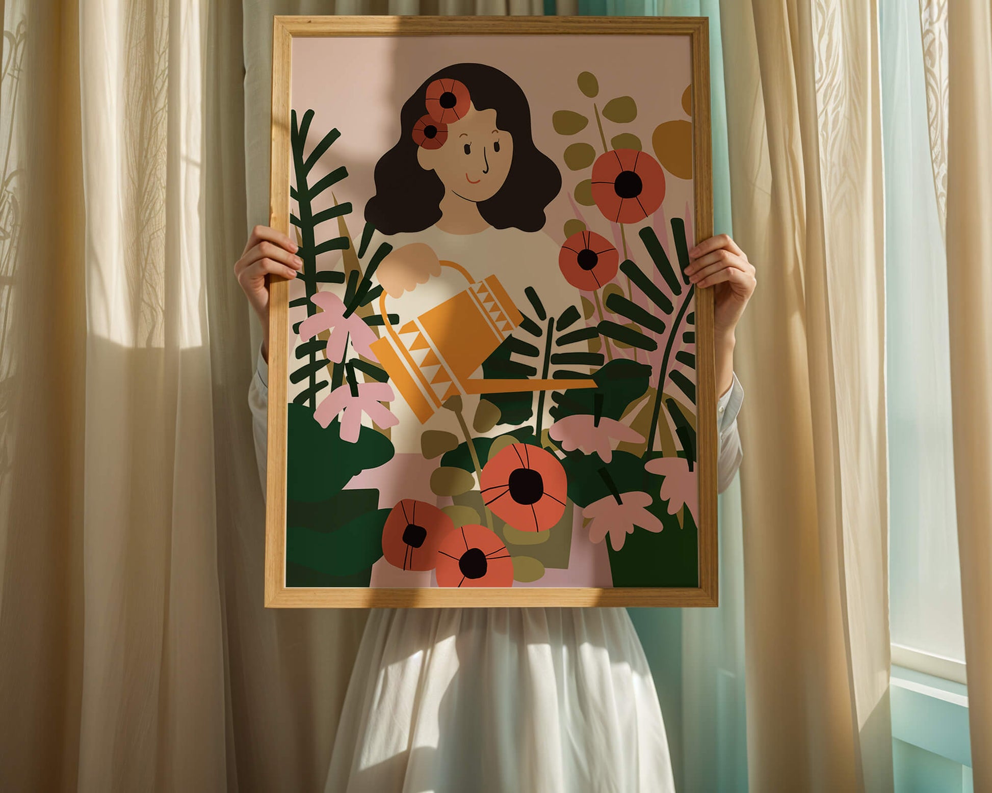 Woman watering plants surrounded by vibrant flowers and greenery
