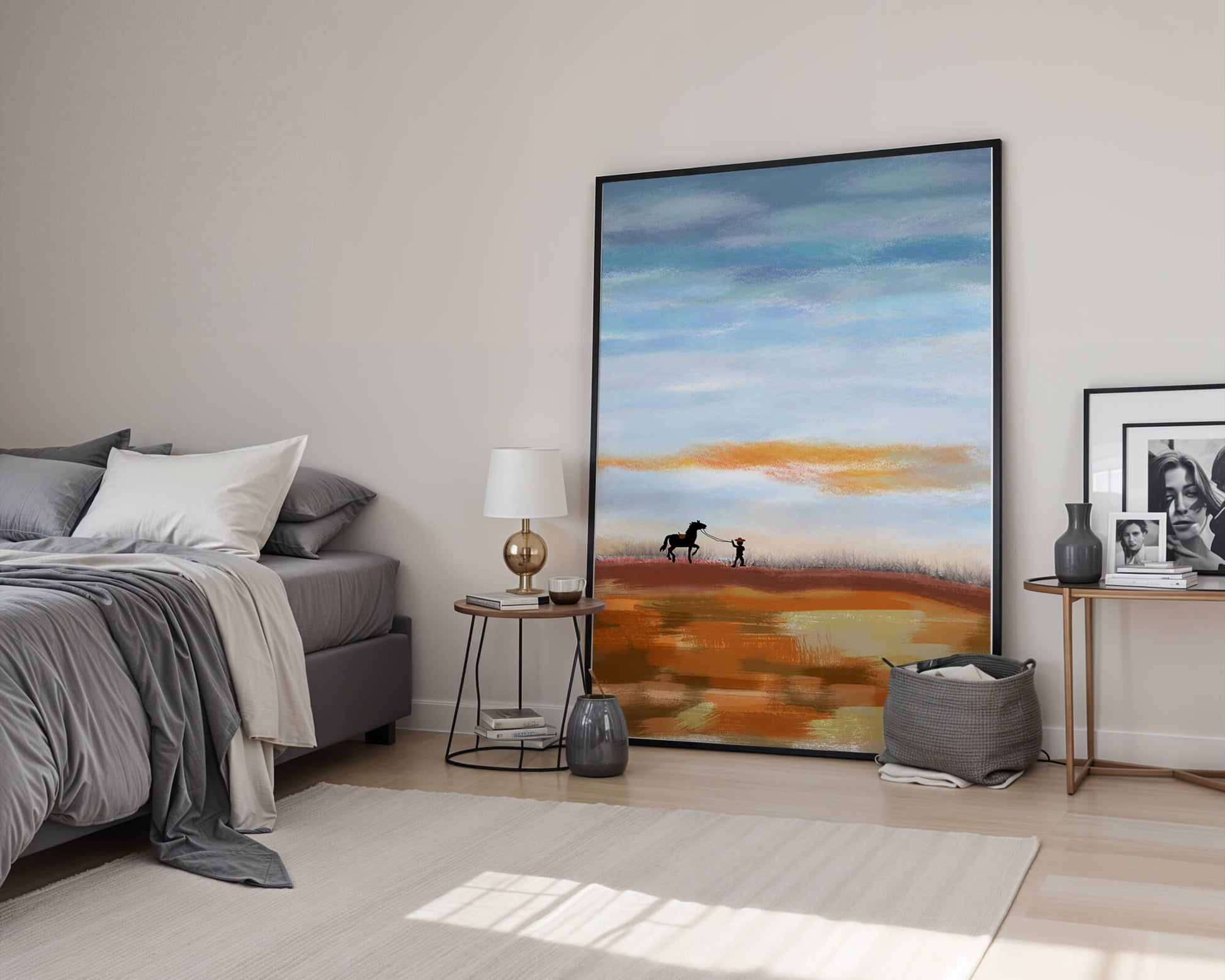 Serene landscape with cowboy and horse under vast sky