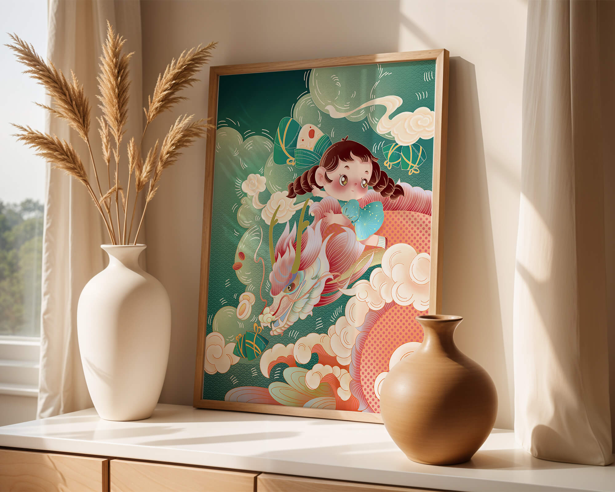 Whimsical scene of a girl riding a dragon through clouds