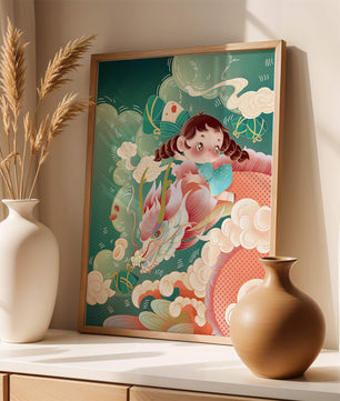 Whimsical scene of a girl riding a dragon through clouds