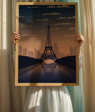 Vista escénica de la Torre Eiffel al anochecer con reflejo del horizonte urbano