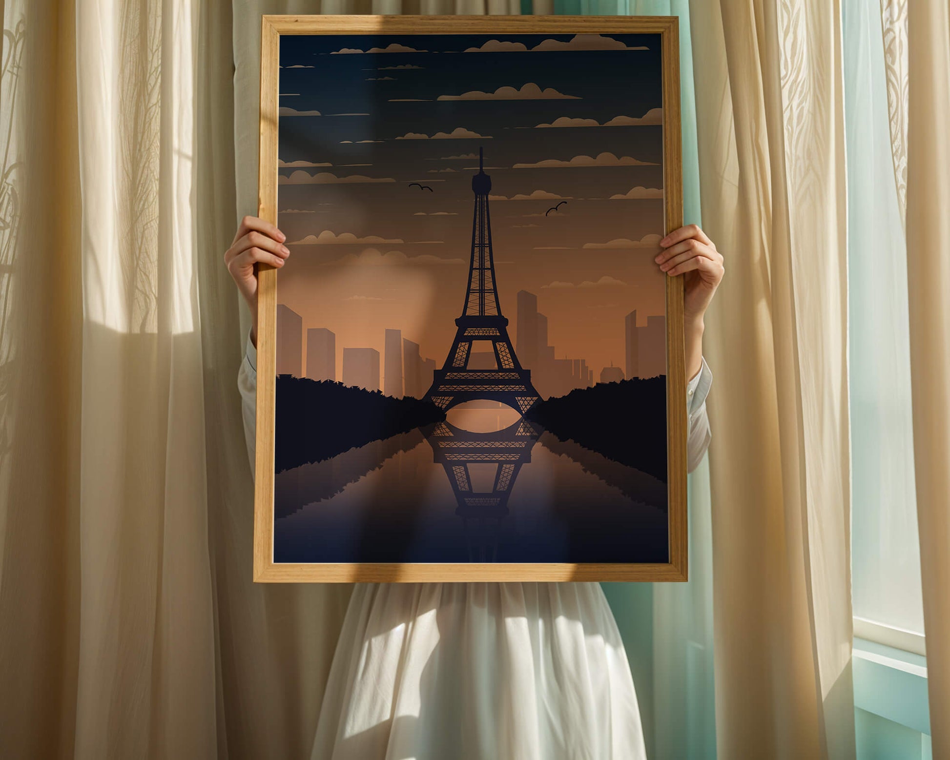 Scenic view of the Eiffel Tower at dusk with city skyline reflection