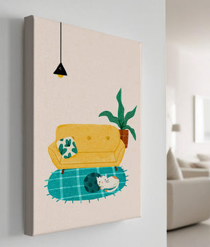 Cozy Living Room with Yellow Sofa and Sleeping Cat