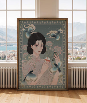 Mujer elegante en kimono floral rodeada de pájaros y flores de loto
