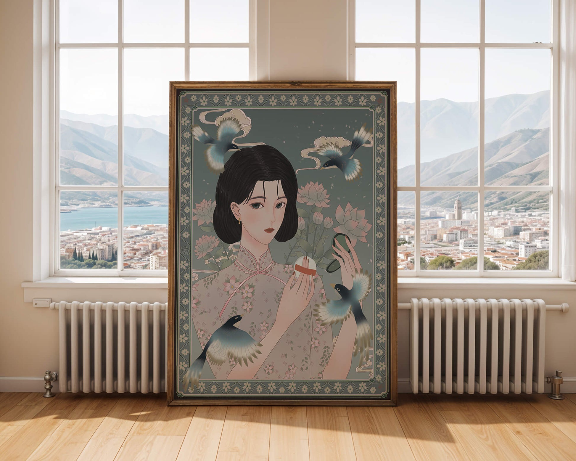 Elegant woman in floral kimono surrounded by birds and lotus flowers