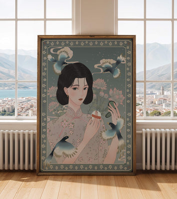 Elegant woman in floral kimono surrounded by birds and lotus flowers