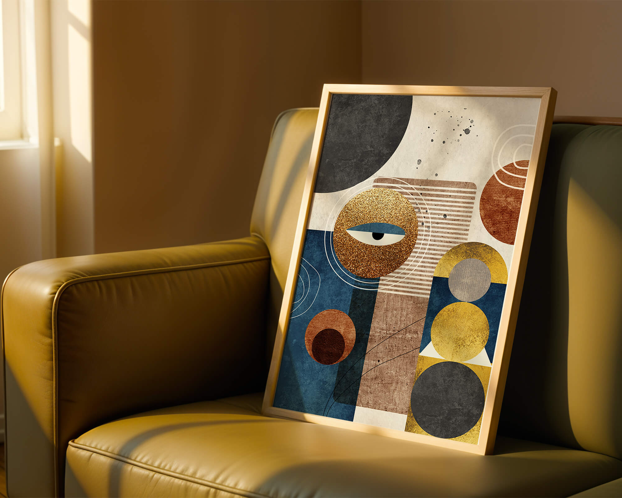 Abstract geometric artwork with gold and blue elements