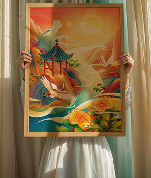 Mystical landscape with cranes and serene mountains