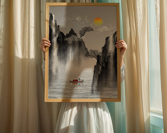 Serene landscape with mountains, river, and a boat under the sun