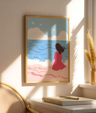 Serene seaside illustration with a girl in a pink dress gazing at the ocean