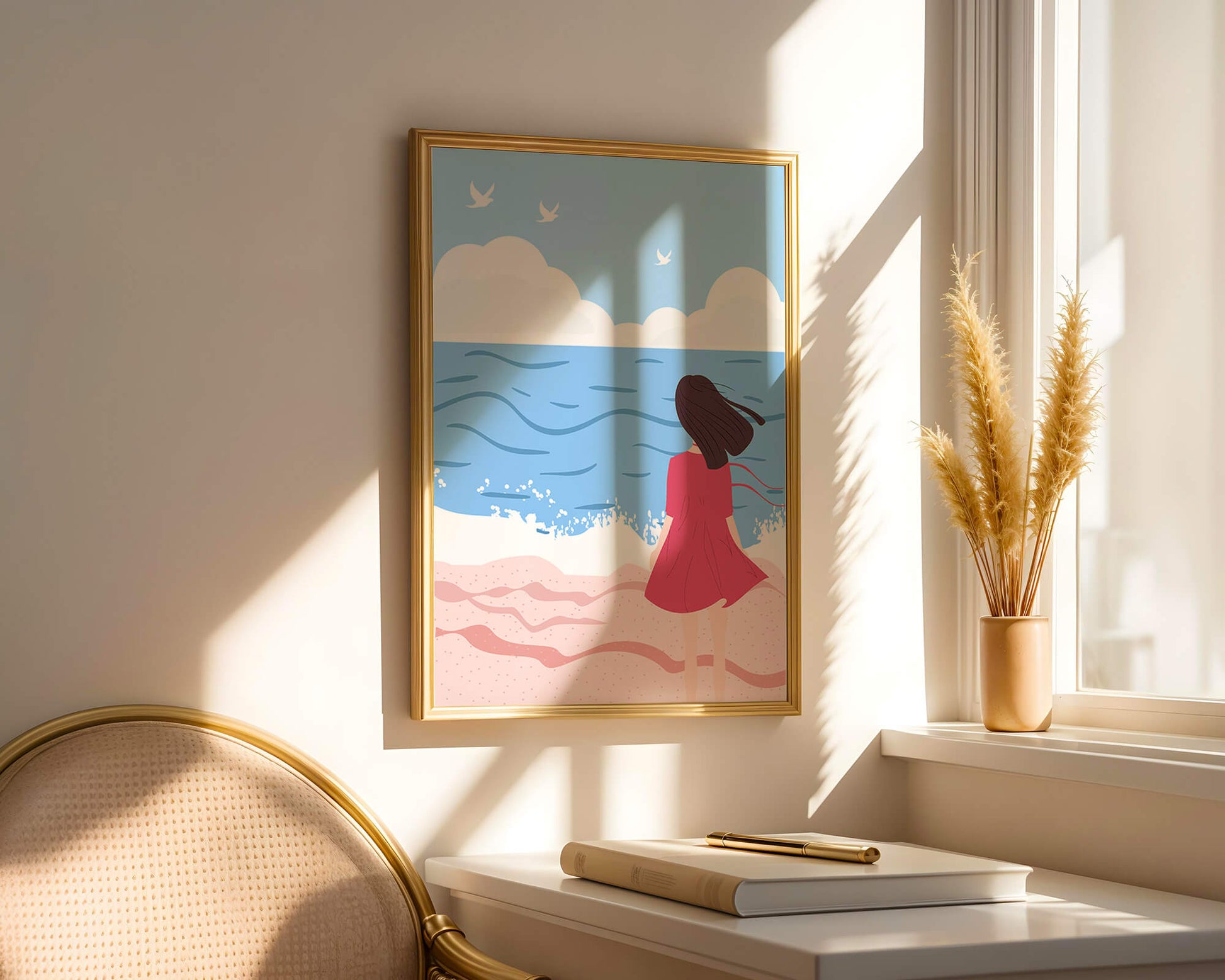 Serene seaside illustration with a girl in a pink dress gazing at the ocean