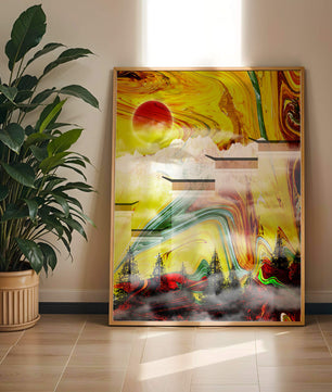 Abstract Landscape with Swirling Colors and Red Sun