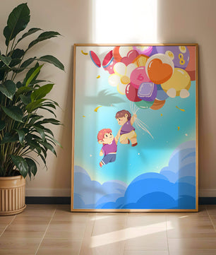 Ilustración caprichosa de niños en el cielo con globos de colores