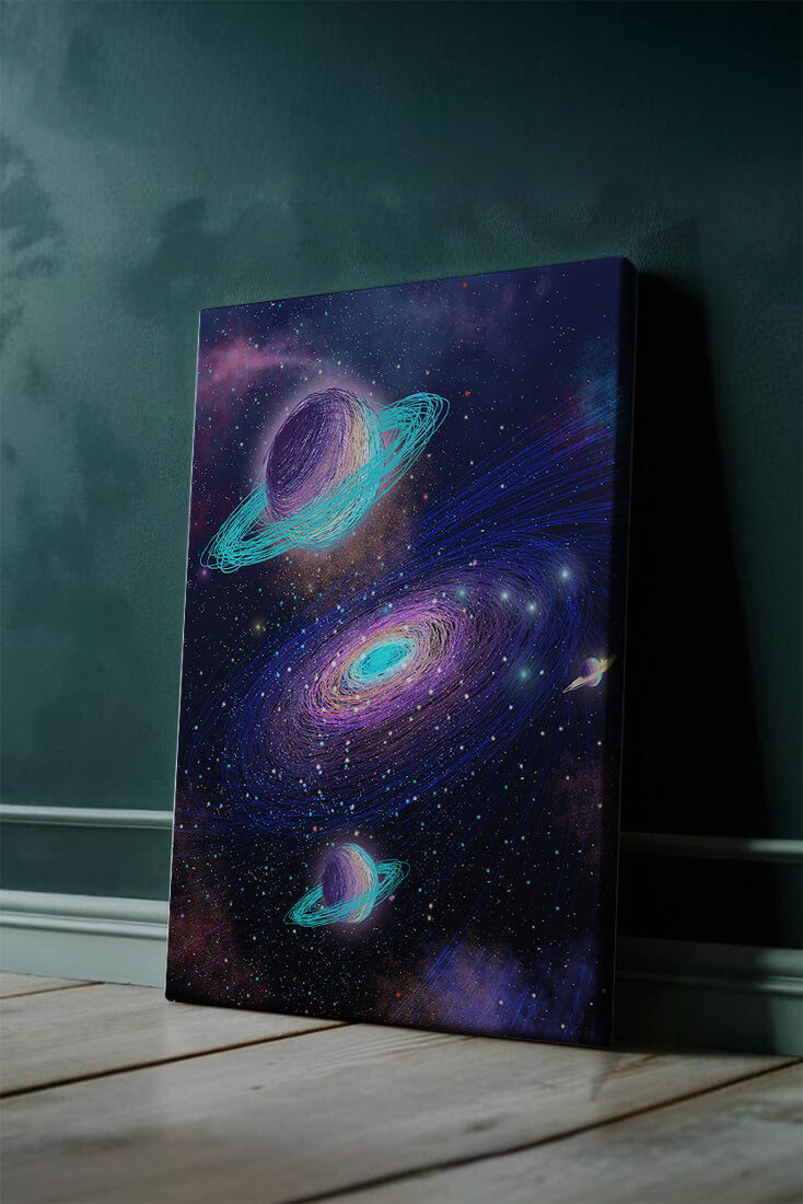 Colorful space illustration with planets and galaxy