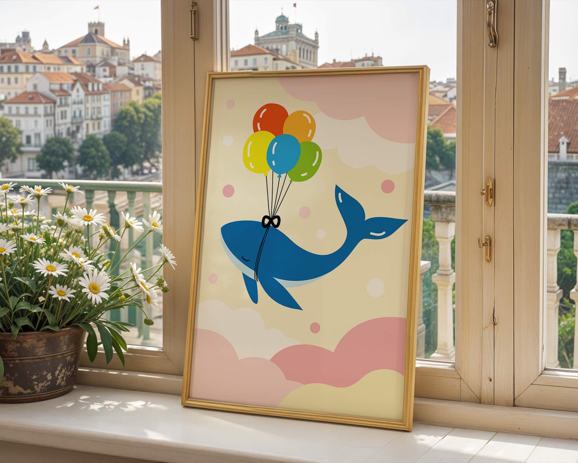 Skurriler Wal, der mit bunten Luftballons fliegt