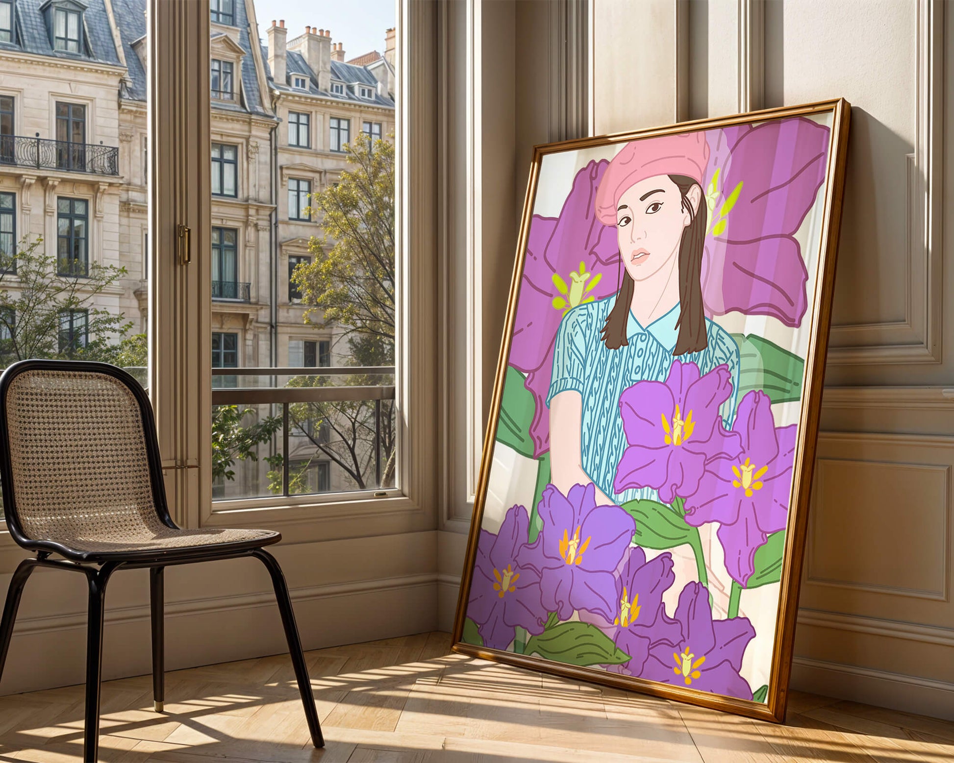 Ilustración de una joven con boina rosa y flores moradas