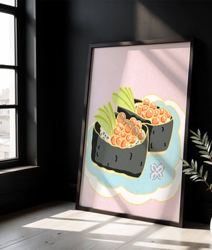 Illustration of sushi rolls with fish roe and avocado on a pastel background