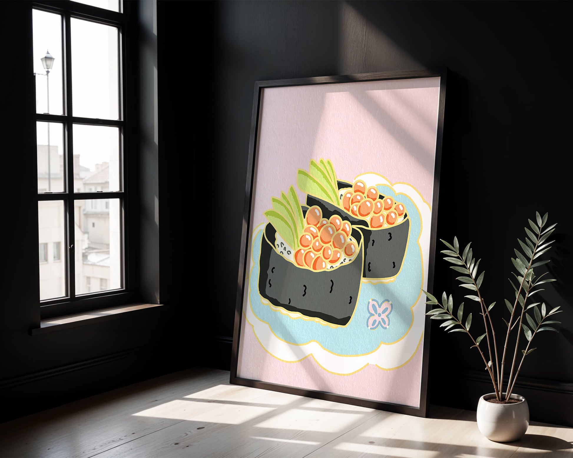 Illustration of sushi rolls with fish roe and avocado on a pastel background