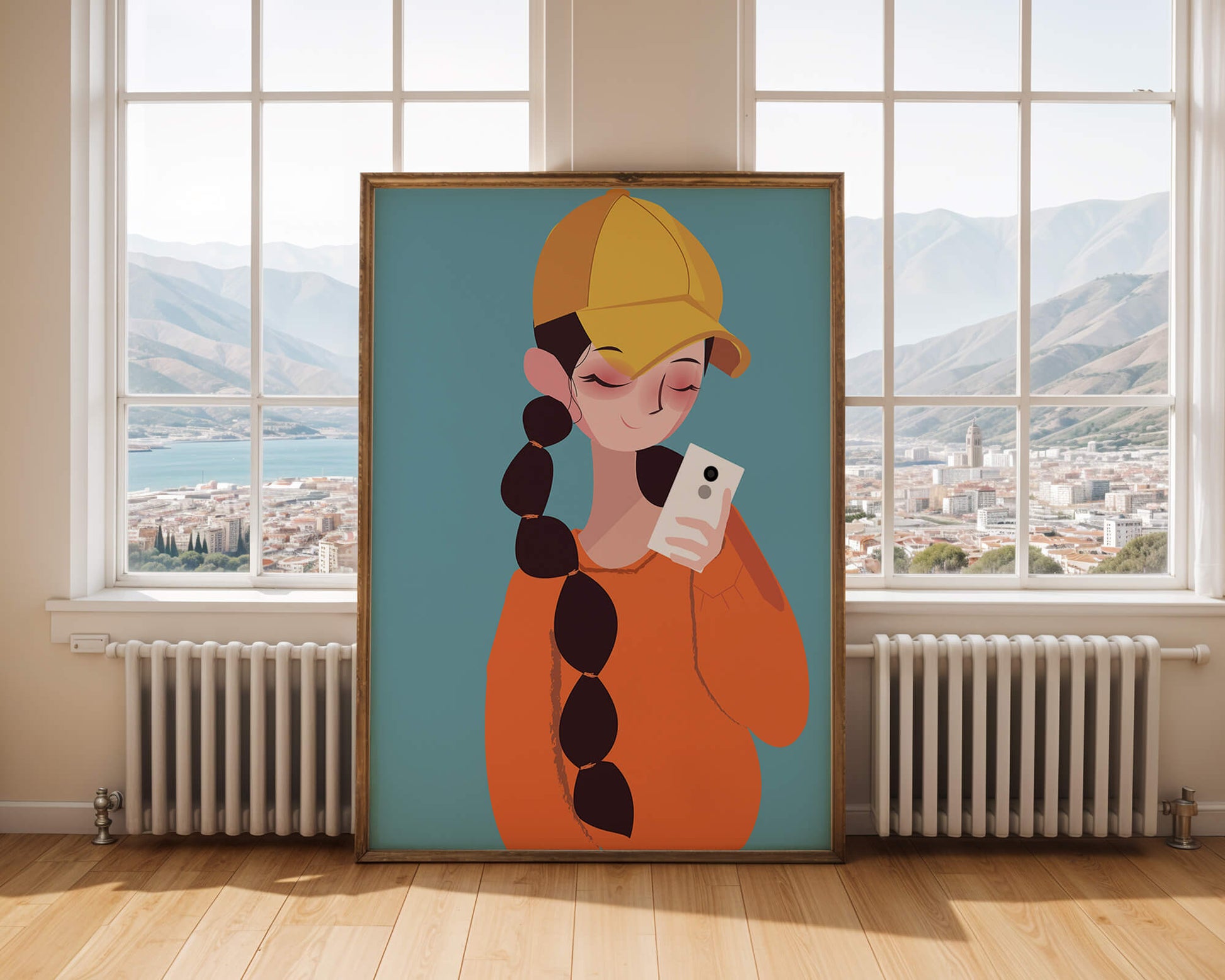 Colorful illustration of a girl with a smartphone