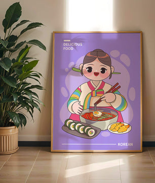 Charming illustration of Korean cuisine with a cheerful character