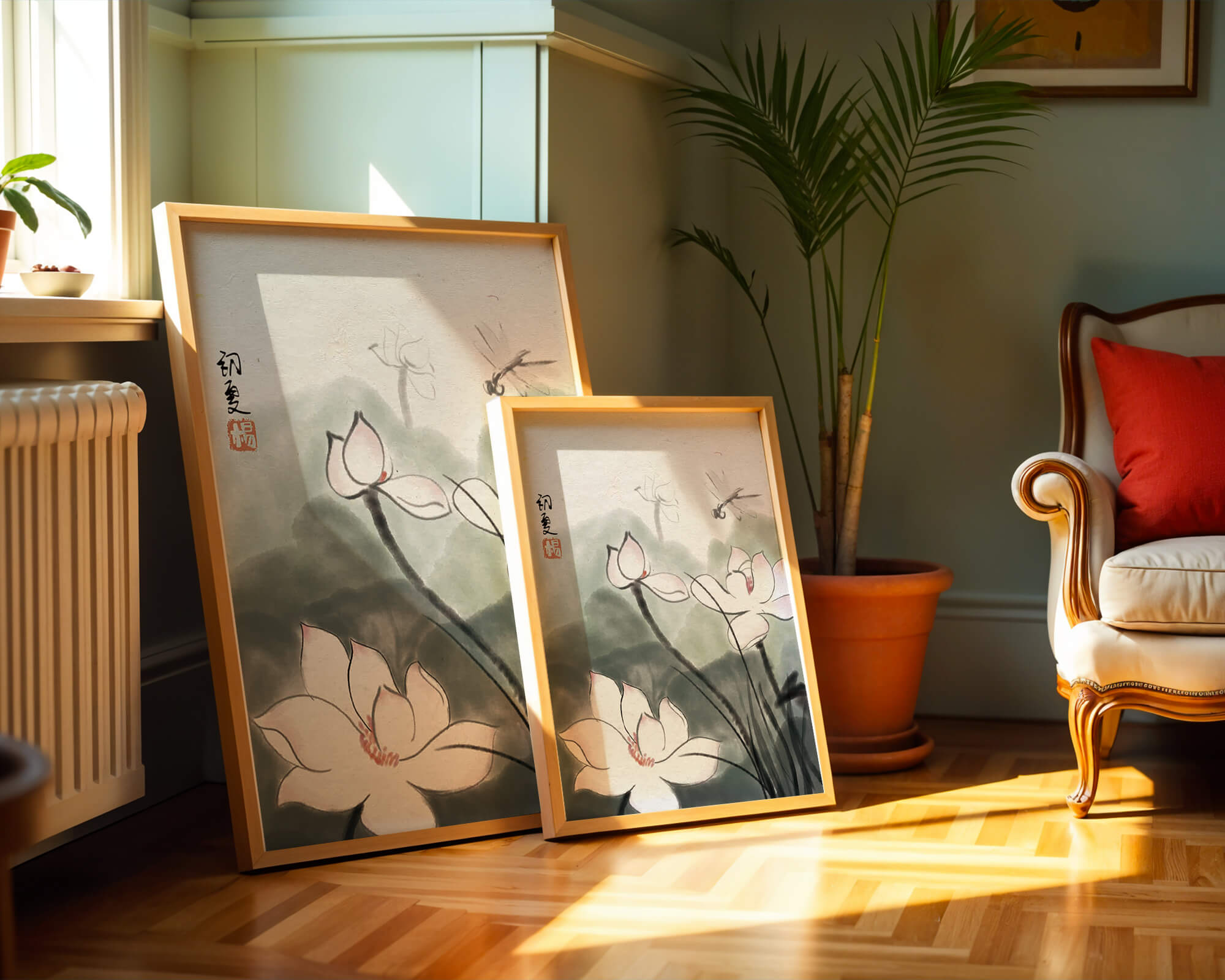 Delicate watercolor of lotus flowers with dragonfly in serene atmosphere