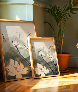 Delicate watercolor of lotus flowers with dragonfly in serene atmosphere