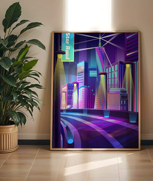 Futuristic Neon Cityscape with Illuminated Skyscrapers and Curved Road