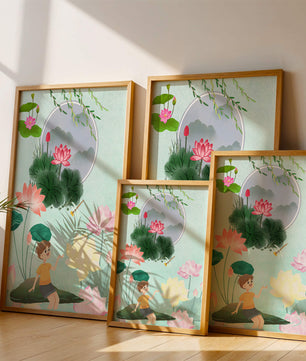 Serene illustration of a child in a lotus garden with vibrant flora