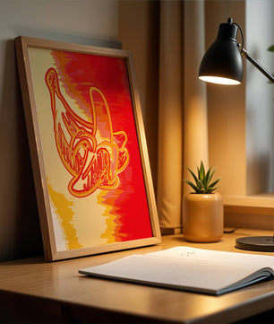 Abstract banana art with vibrant red and orange hues
