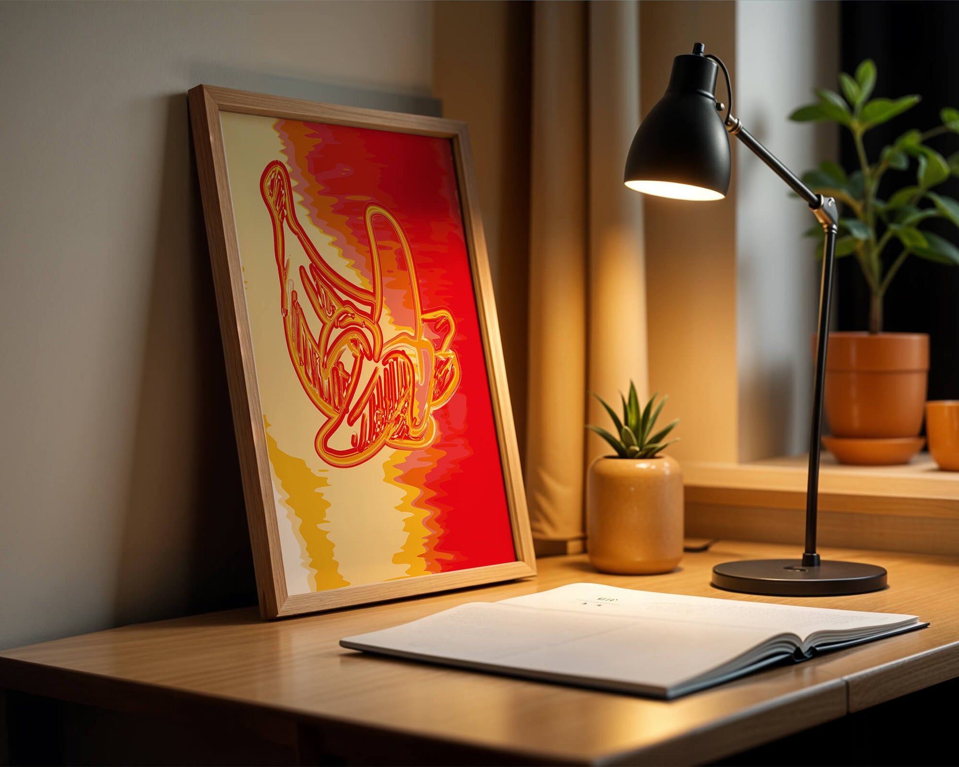 Abstract banana art with vibrant red and orange hues