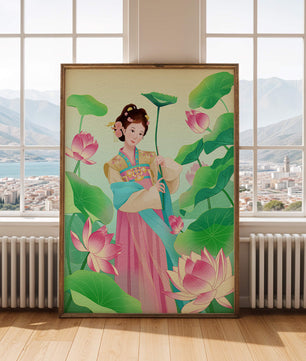 Traditional Asian woman in a garden surrounded by lotus flowers and green leaves